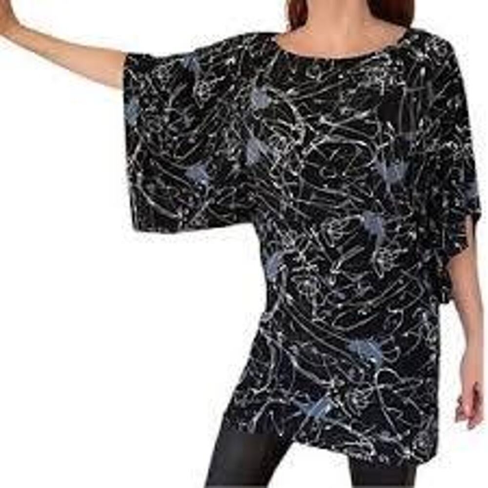 NWT Norma Kamali Black White Blue Geo Print Kimono Tunic Dress Women's XL